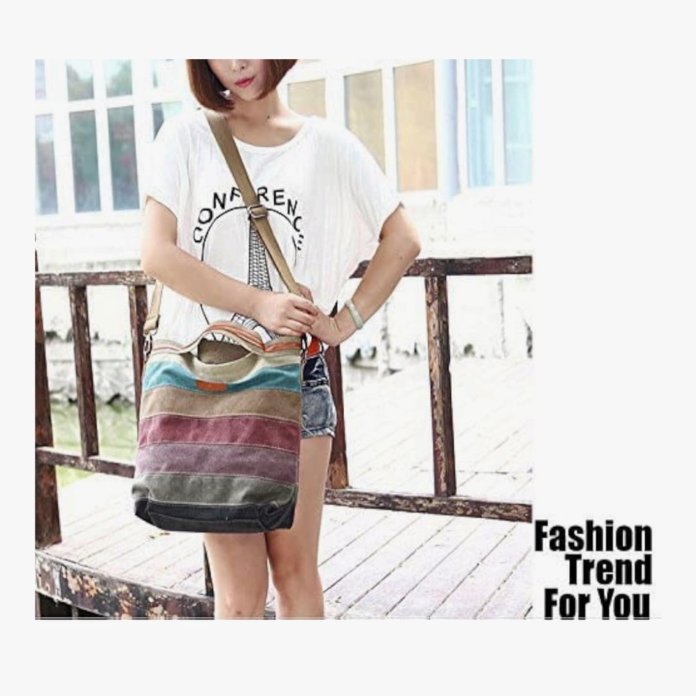 🆕 Canvas Handbag Multi-Color Striped Lattice Cross Body Shoulder Purse Bag Tote - Picture 7 of 7